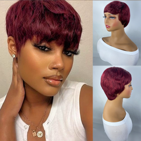 Short And Straight, Elf, Human Hair Non-toxic Wig, Burgundy, Short And Elf Haircut, Ladies Wig, Applicable To The Whole Scene. (Option: Wine red-4inch)