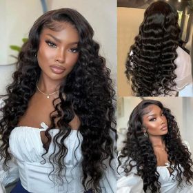 Deep Wave Lace Front Wig Human Hair Density 13x4 Loose Deep Wave HD Lace Front Wig Black Female (Option: Black-30inch)